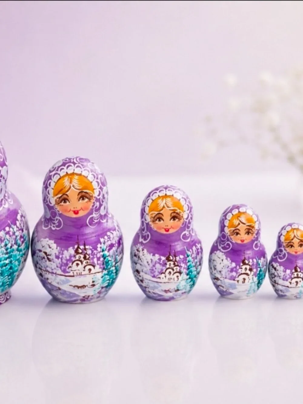 Vintage Russian Babushka Nesting Dolls Purple Wood Traditional 9 Piece Set